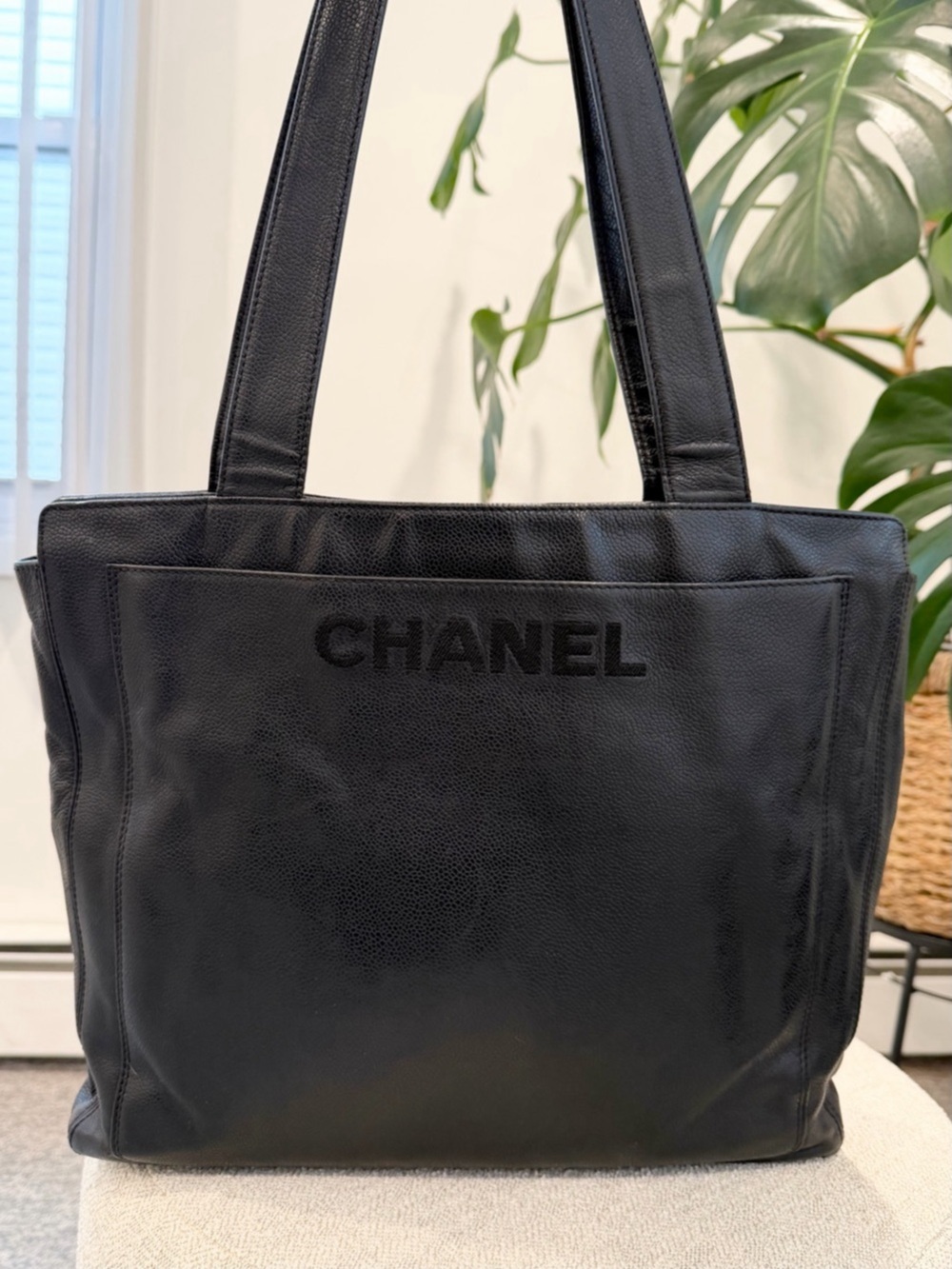Authentic Chanel Caviar Leather Embroidered Logo Tote Bag Black Leather